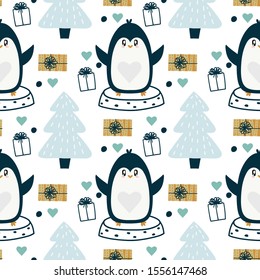 Cute hand drawn penguins pattern background. Winter time and Christmas atmosphere.