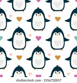 Cute hand drawn penguins pattern background. Winter time and Christmas atmosphere.