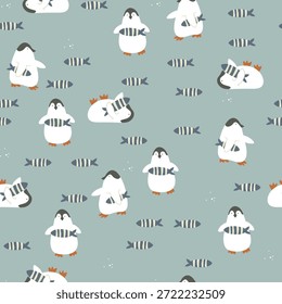 Padrão bonito de pinguins desenhados à mão com peixes , neve e animais em fundo azul. Ilustração vetorial de inverno com pinguins.
