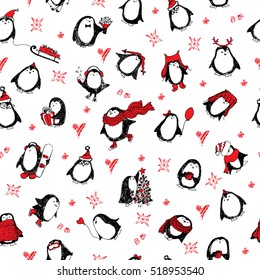 Cute hand drawn penguins seamless pattern. Merry Christmas greetings