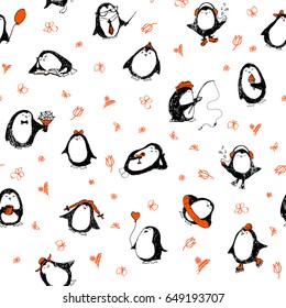 Cute hand drawn penguins in seamless pattern on summer theme