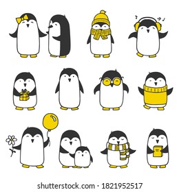 Cute hand drawn penguins set.