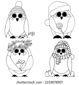 Pingüinos dibujados a mano - Feliz saludo navideño. Dibujado a mano. Liner