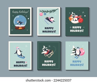 Cute hand drawn penguins set - Merry Christmas greetings. Winter Holiday cards. Christmas templates, Christmas Tree, baby penguin, Christmas ornament, bird.