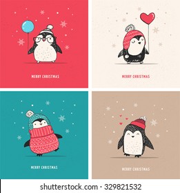 Cute hand drawn penguins set - Merry Christmas greetings