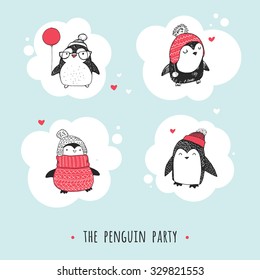 Cute hand drawn penguins set - Merry Christmas greetings