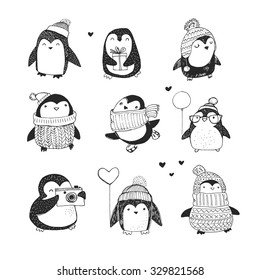 Cute hand drawn penguins set - Merry Christmas greetings