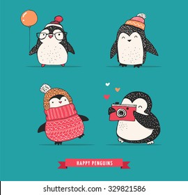 Cute hand drawn penguins set - Merry Christmas greetings