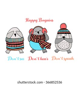 Cute hand drawn penguins set -  greeting card