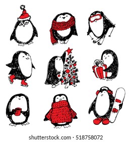 Cute hand drawn penguins set. Merry Christmas greetings