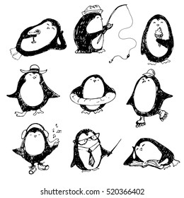 Cute hand drawn penguins set. Merry Christmas greetings