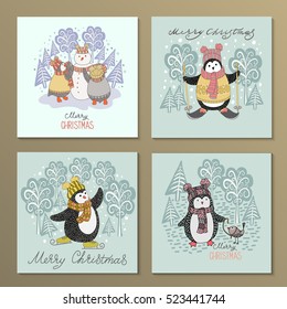 Cute hand drawn penguins set - Merry Christmas greetings