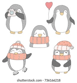 Cute hand drawn penguins set . Printable templates.