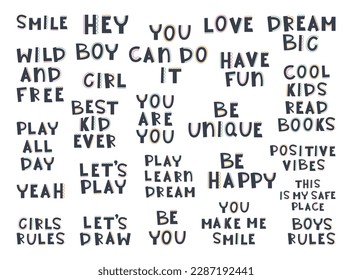 Cute hand drawn phrases with rainbow, sun, stars, cloud in boho style. Cartoon doodle print for nursery. Design for shower invitation card, birthday, children's party, book cover, poster