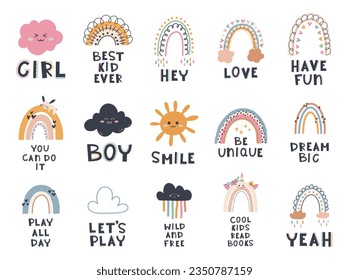 Cute hand drawn phrases with rainbow, sun, stars, cloud in boho style. Cartoon doodle print for nursery. Design for shower invitation card, birthday, children's party, book cover, poster