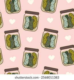 cute hand drawn pickle jar with cucumbers seamless vector pattern illustration on pink background with hearts