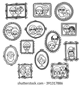 Cute hand drawn picture frames with portraits of old people