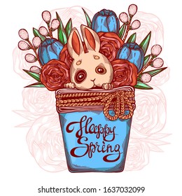 Cute hand drawn picture with a rabbit, spring flowers and greenery in a flower pot. Can be applied in web, cards, prints, stickers, posters, greetings. Happy spring. Vector illustration