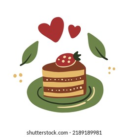Un pedazo de torta con la mano. Ilustración vectorial de elementos de confitería acogedora. Restaurante, café, emblema de menú, etiqueta, logotipo, icono, diseño de símbolos