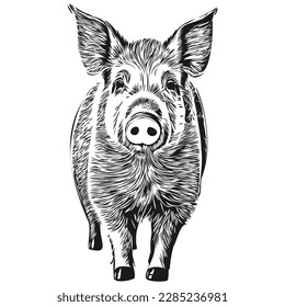 Cute hand drawn Pig, vector illustration black and white hog
