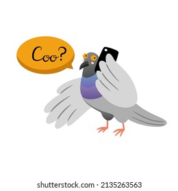 Cute hand drawn pigeon talking on  mobile phone. Concept of a business person in the city. Flat style isolated vector illustration