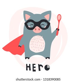 Cute hand drawn piglet hero with a spoon. Cartoon super hero piglet vector illustration 