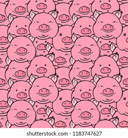 Cute hand drawn piglets faces pattern. Different characters and moods vector illustration, funny seamless wallpaper for textile and wrapping.