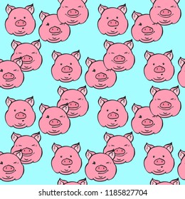 Cute hand drawn piglets faces pattern. Different characters and moods vector illustration, funny seamless wallpaper for textile and wrapping.