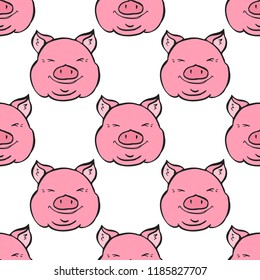 Cute hand drawn piglets faces pattern. Different characters and moods vector illustration, funny seamless wallpaper for textile and wrapping.