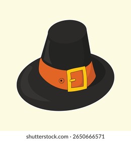 Cute hand drawn pilgrim hat with orange belt and buckle in cartoon style, great for Thanksgiving, autumn harvest parties, festive designs, holiday decor projects, and seasonal creative artwork.