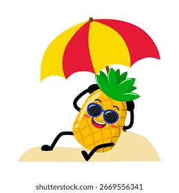 Linda piña dibujada a mano relajándose en la playa