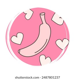 Cute hand drawn pink banana icon logo vector illustration on circle with brush texture for social media story highlight with hearts