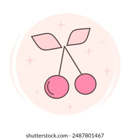 Cute hand drawn pink Cherries icon logo vector illustration on circle with brush texture for social media story highlight with stars
