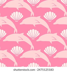cute hand drawn pink dolphin and seashell seamless vector pattern background illustration
