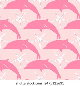 cute hand drawn pink dolphin and white starfish seamless vector pattern background illustration