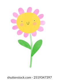 Flor Rosa Desenhada À Mão Bonita. Arte adorável do berçário com flor sorridente feliz em um fundo branco. Estilo infantil Kawaii Vetor Impressão ideal para Decoração de Quarto de Crianças. Impressa adorável para crianças. RGB