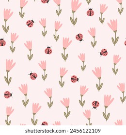 cute hand drawn pink flowers and red ladybugs seamless vector pattern illustration on pastel background