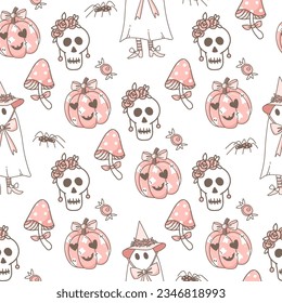 Cute Hand Drawn pink Halloween Vector Seamless Pattern