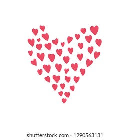 Cute hand drawn pink heart made of hearts. Bright red vector doodle love symbol for St. Valentines greeting card design, poster and banner decoration