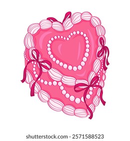 Cute hand drawn pink heart shaped cake decorated with ribbon bows on white background