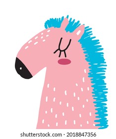 Cute Hand Drawn Pink Horse Vector Illustration. Sweet Infantile Style Nursery Art with Dreamy Horse on a White Background ideal for Card, Wall Art, Poster, Decoration.