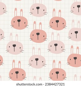 cute hand drawn pink pastel bunny face in scandinavian style on a seamless grid background, kids pattern for wrapping paper, fabric and textile
