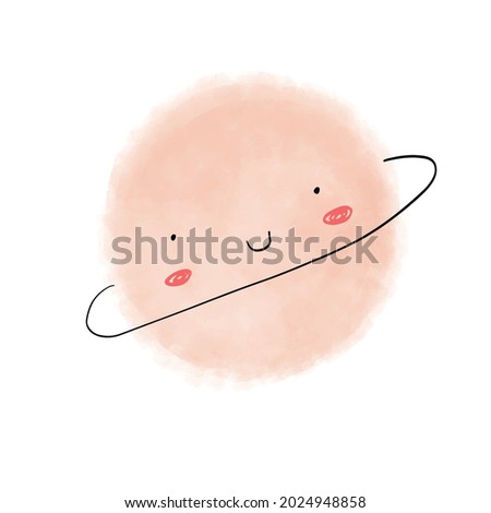 Cute Hand Drawn Pink Planet Vector Illustration. Lovely Nursery Art with Funny Pink Kawaii Style Planet Isolated on a White Background. Lovely Prints for Card, Poster,Kids Room Decoration,Space Party.