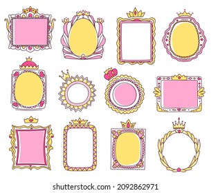 Cute hand drawn pink princess frames with crowns. Sketch photo or mirror frame with tiara, girly doodle border for baby princesses vector set. Royal romantic framework with swirls isolated on white