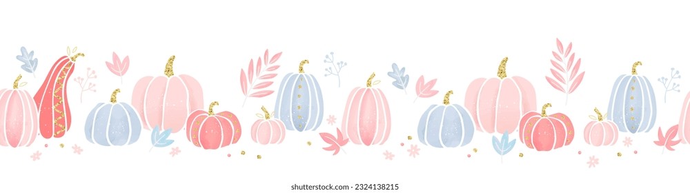 Dibujo a mano a mano Pink Pumpkin sin costura, diseño encantador con detalles y decoración de oro, genial para dar gracias, textiles, banners, papel pintado, envoltura - diseño vectorial