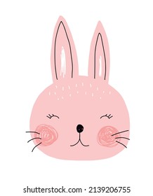 Cute Hand Drawn Pink Rabbit Vector Illustration. Lovely Nursery Art with Funny Bunny  Isolated on a White Background. Kids Room Decoration. Dreamy Rabbit Head. Easter Bunny.