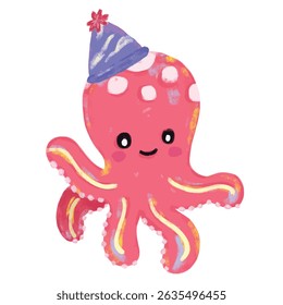 Cute hand drawn pink red pastel octopus wearing birthday party hat doodle sea ocean beach animals illustration kids seafood sand summer season celebration clipart crayon watercolour sticker design