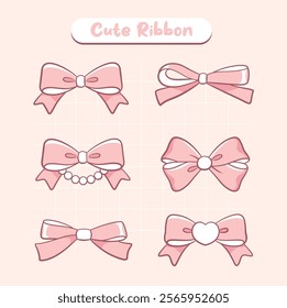 Cute hand drawn pink ribbon bow kawaii collection. 