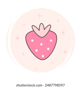 Cute hand drawn pink Strawberry icon logo vector illustration on circle with brush texture for social media story highlight with stars