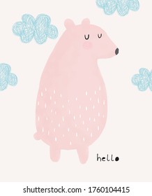 Ilustración Del Vector De Oso De Teddy De Mano Cortada. Agradable Nursery Art con Dulce Oso Grande y Nubes Fluffy Azules. Impresión divertida de estilo infantil para niños Decoración de habitaciones.